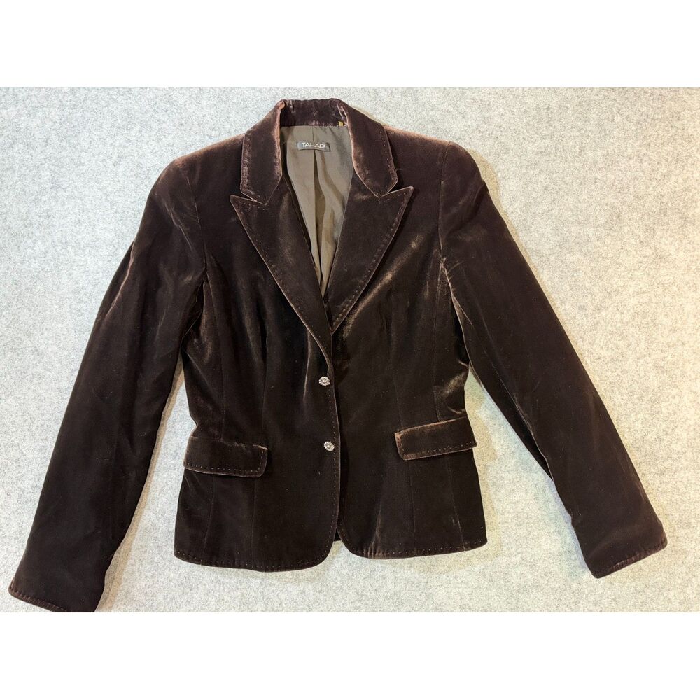 Tahari Women's Rich Chocolate Brown Velvet Blazer Silk Blend Sz S Classic